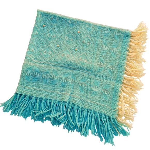 Vintage Blue Baby Blanket w/ Pink Roses, Tassels Crib Size 36x39 Mid-Century - Picture 3 of 7